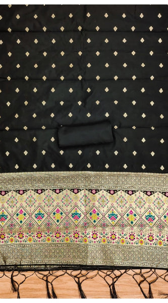 Mayawye Women's Banarasi Silk Printed Unstitched Salwar Suit Material With Dupatta (Black, 3Mtrs)
