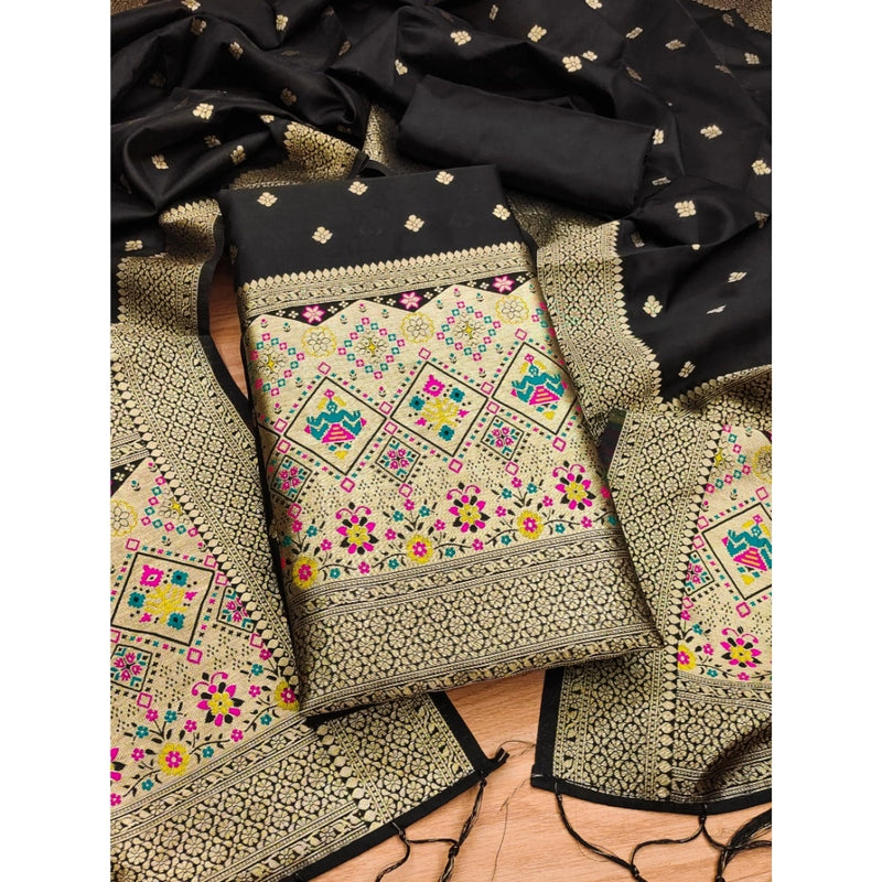 Mayawye Women's Banarasi Silk Printed Unstitched Salwar Suit Material With Dupatta (Black, 3Mtrs)