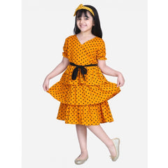 Mayawye Girl's Polyester Crepe Printed Puff V-Neck Dress (Orange)
