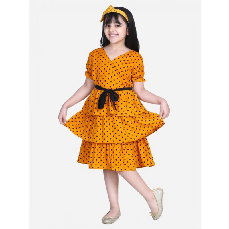 Mayawye Girl's Polyester Crepe Printed Puff V-Neck Dress (Orange)