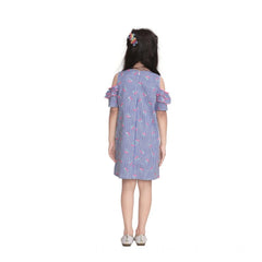 Mayawye Girl's Cotton Striped Cold Shoulder Round Neck Dress (Blue)