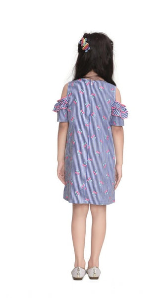 Mayawye Girl's Cotton Striped Cold Shoulder Round Neck Dress (Blue)