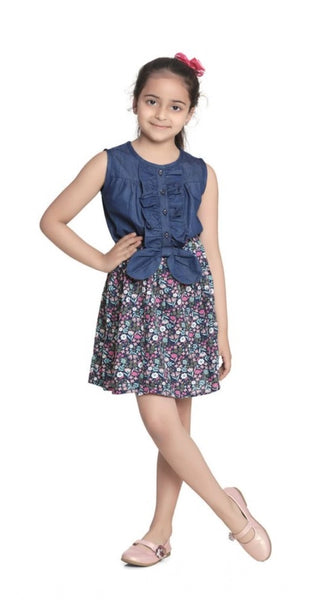 Mayawye Girl's Denim-Rayon Floral Printed Sleeveless Round Neck Dress (Navy Blue)