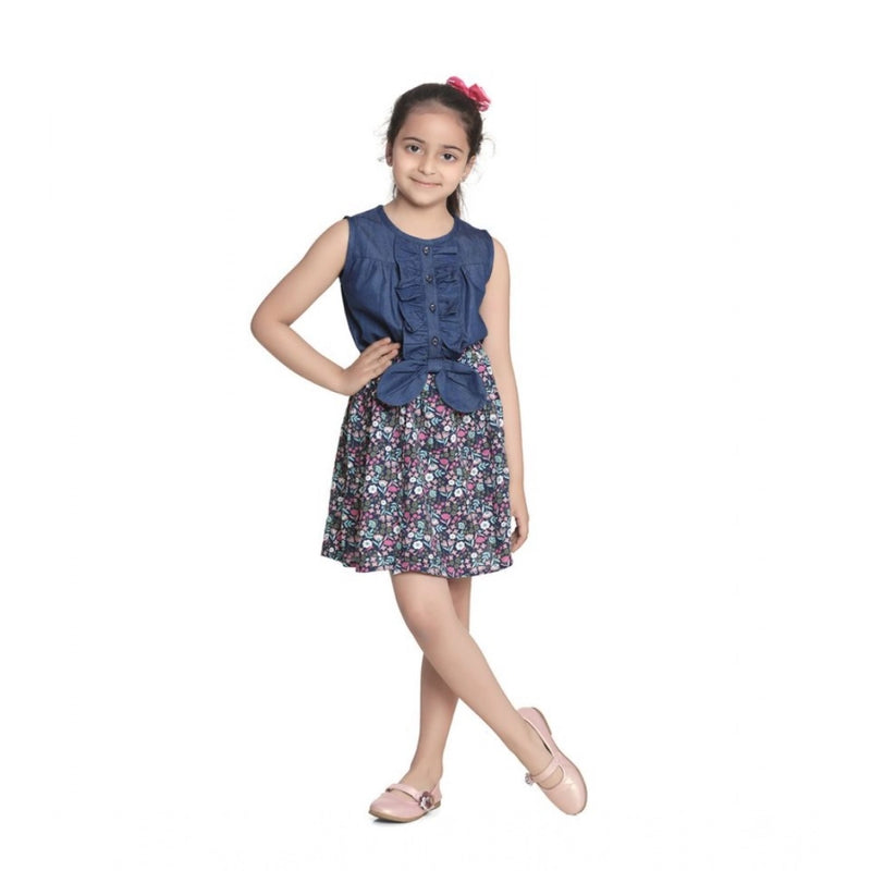 Mayawye Girl's Denim-Rayon Floral Printed Sleeveless Round Neck Dress (Navy Blue)
