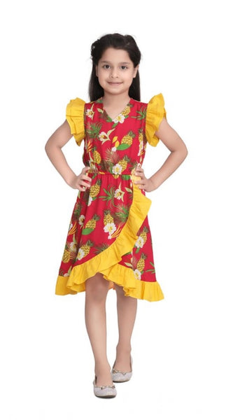 Mayawye Girl's Cotton Printed Cold Shoulder V-Neck Dress (Pink)