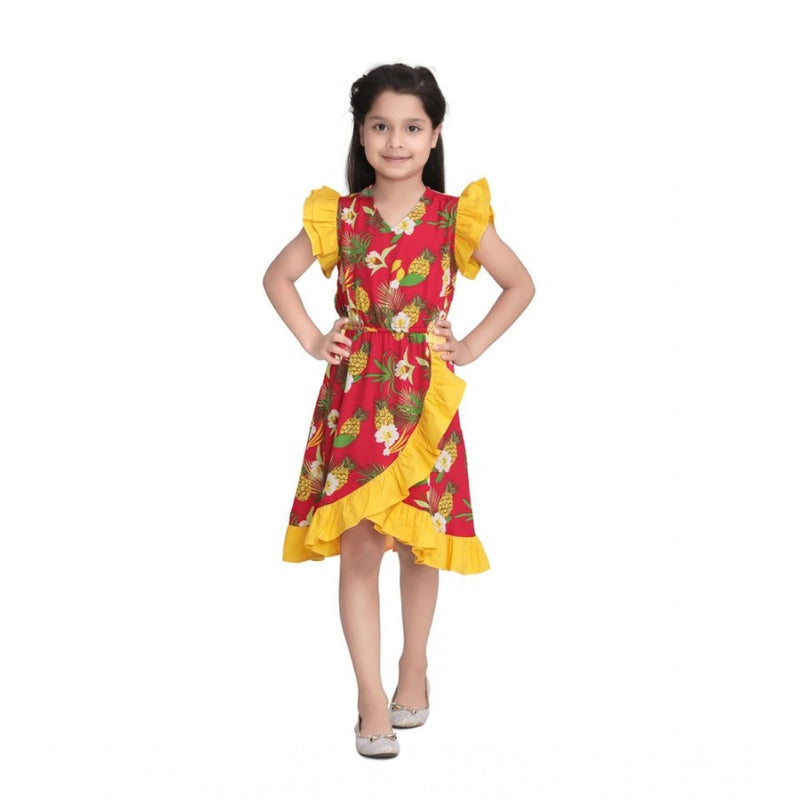 Mayawye Girl's Cotton Printed Cold Shoulder V-Neck Dress (Pink)