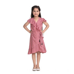 Mayawye Girl's Polyester Crepe Printed Flutter V-Neck Dress (Pink)