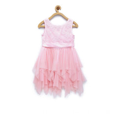 Mayawye Girl's Polyester  Net Floral Printed Sleeveless Round Neck Dress (Light Pink)