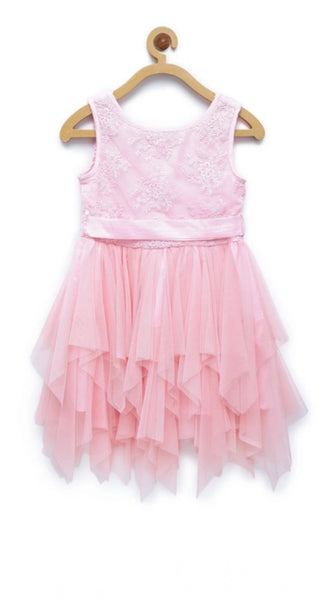 Mayawye Girl's Polyester  Net Floral Printed Sleeveless Round Neck Dress (Light Pink)