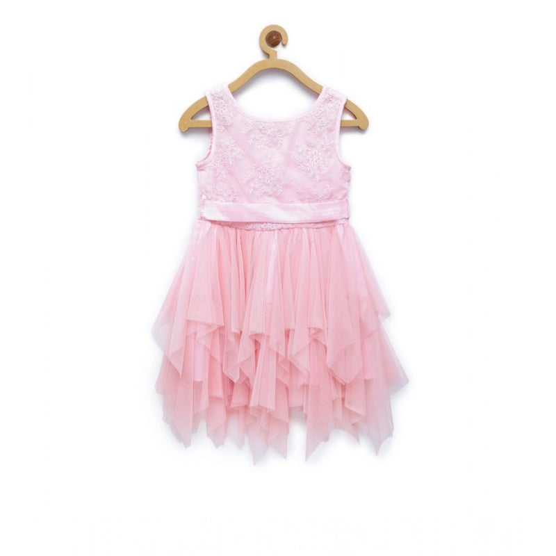 Mayawye Girl's Polyester  Net Floral Printed Sleeveless Round Neck Dress (Light Pink)