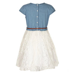 Mayawye Girl's Denim Embroidery Short Sleeve Round Neck Dress (White)