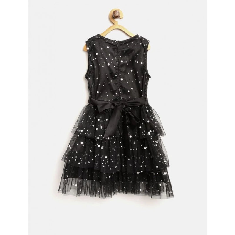 Mayawye Girl's Net Embellished Sleeveless V-Neck Dress (Black)