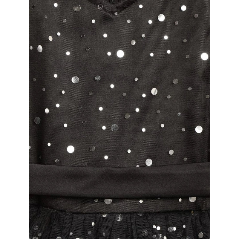 Mayawye Girl's Net Embellished Sleeveless V-Neck Dress (Black)