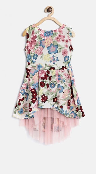 Mayawye Girl's Polyester Crepe Printed Short Sleeve Round Neck Dress (Multicolor)