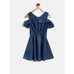 Mayawye Girl's Denim Floral Printed Bell Sleeve Halter Neck Dress (Blue)