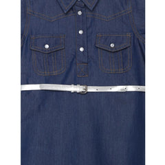 Mayawye Girl's Denim Solid Short Sleeve Shirt collar Dress (Blue)