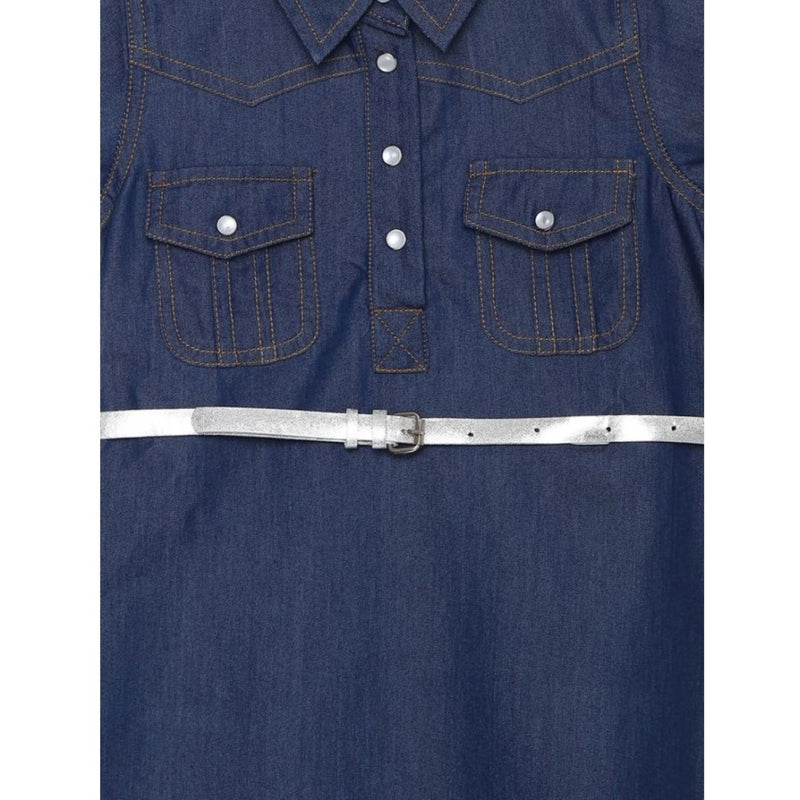 Mayawye Girl's Denim Solid Short Sleeve Shirt collar Dress (Blue)