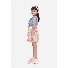 Mayawye Girl's Denim-Cotton Floral Printed Sleeveless Round Neck Dress (Multicolor)