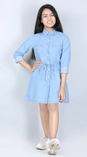 Mayawye Girl's Denim Solid Long Sleeve Shirt collar Dress (Blue)
