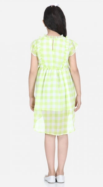 Mayawye Girl's Polyester Chiffon Solid Short Sleeve Round Neck Dress (Lime Green)