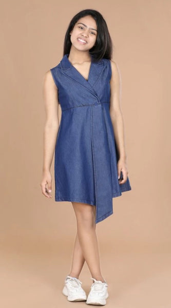 Mayawye Girl's Denim Solid Sleeveless Shirt collar Dress (Blue)
