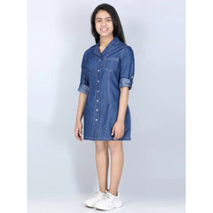 Mayawye Girl's Denim Solid Long Sleeve Shirt collar Dress (Blue)