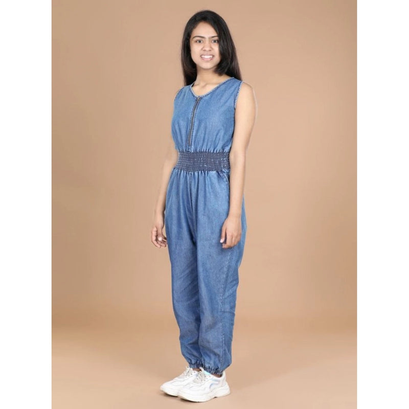 Mayawye Girl's Denim Solid Shoulder Straps V-Neck Dress (Blue)