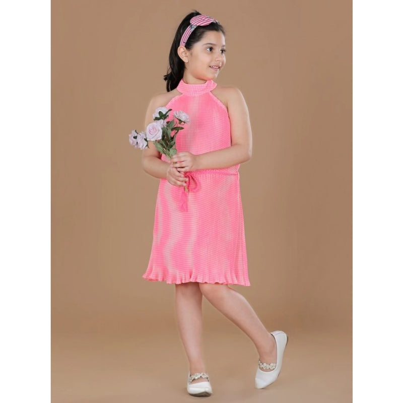 Mayawye Girl's Polyester Crepe Printed Sleeveless Round Neck Dress (Pink)