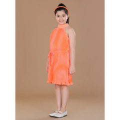 Mayawye Girl's Polyester Crepe Printed Sleeveless Round Neck Dress (Orange)