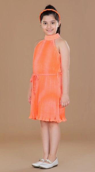 Mayawye Girl's Polyester Crepe Printed Sleeveless Round Neck Dress (Orange)
