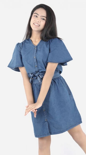 Mayawye Girl's Denim Solid Short Sleeve V-Neck Dress (Blue)