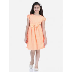 Mayawye Girl's Polyester Crepe Checkered Short Sleeve Round Neck Dress (Orange)