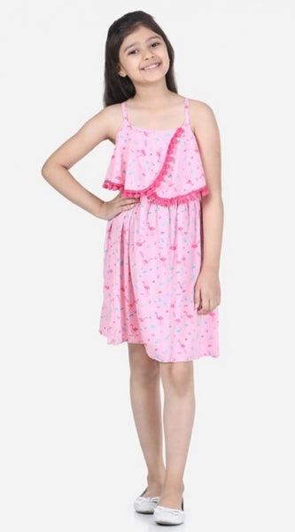 Mayawye Girl's Rayon Printed Sleeveless Round Neck Dress (Pink)
