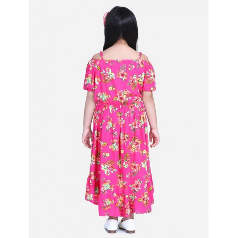 Mayawye Girl's Rayon Solid Short Sleeve Shoulder Straps Dress (Pink)