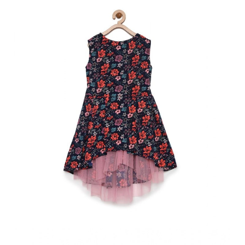 Mayawye Girl's Polyester Crepe Embellished Sleeveless Round Neck Dress (Multicolor)