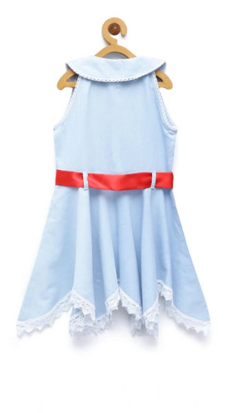 Mayawye Girl's Denim Lace Solid Sleeveless Shirt collar Dress (Light Blue)