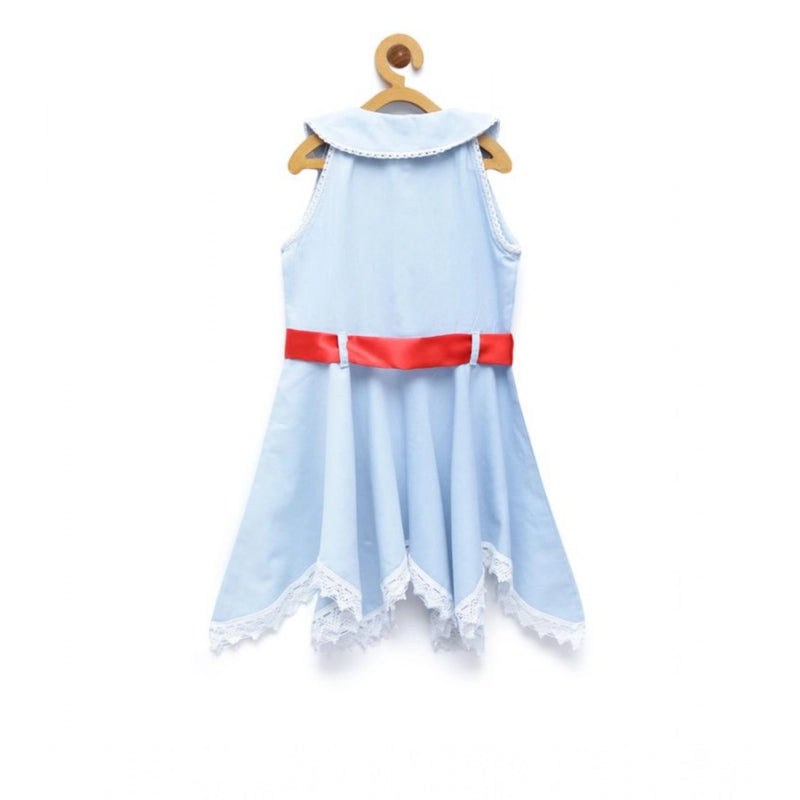 Mayawye Girl's Denim Lace Solid Sleeveless Shirt collar Dress (Light Blue)