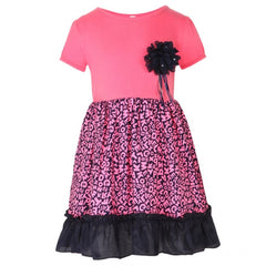 Mayawye Girl's Polyester Crepe Embellished Short Sleeve Round Neck Dress (Pink)