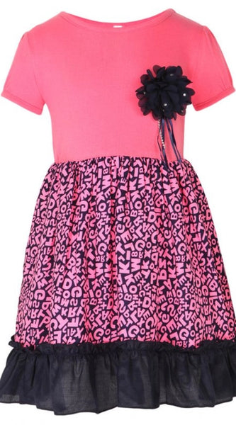 Mayawye Girl's Polyester Crepe Embellished Short Sleeve Round Neck Dress (Pink)