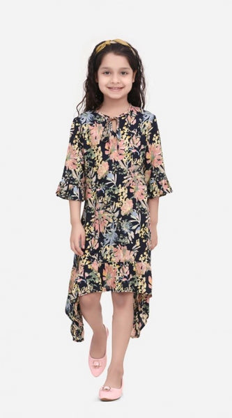Mayawye Girl's Rayon Striped Bell Sleeve Round Neck Dress (Multicolor)