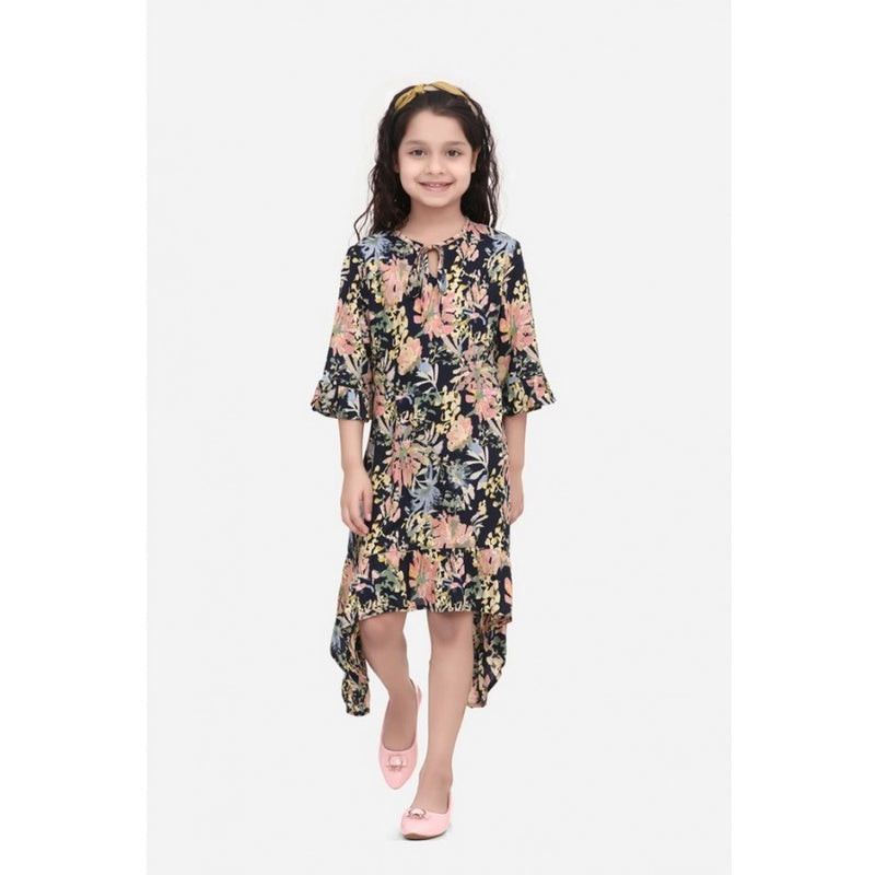 Mayawye Girl's Rayon Striped Bell Sleeve Round Neck Dress (Multicolor)