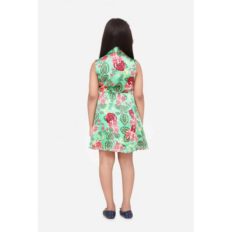 Mayawye Girl's Satin Floral Printed Sleeveless Shirt Collar Dress (Multicolor)