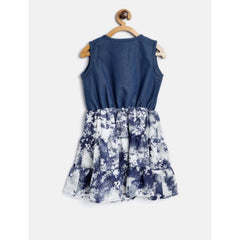 Mayawye Girl's Denim-Polyester Crepe Solid Sleeveless Round Neck Dress (Blue-White)