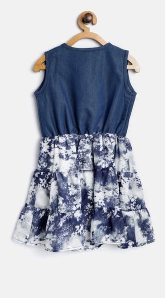 Mayawye Girl's Denim-Polyester Crepe Solid Sleeveless Round Neck Dress (Blue-White)