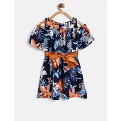 Mayawye Girl's Polyester Crepe Floral Printed Bell Sleeve Cold Shoulder Neck Dress (Multicolor)