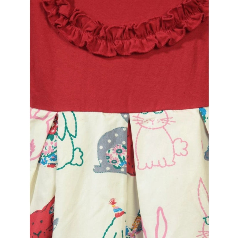 Mayawye Girl's Cotton Printed Short Sleeve Round Neck Dress (Red-White)