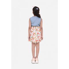 Mayawye Girl's Denim-Cotton Floral Printed Sleeveless Round Neck Dress (Multicolor)
