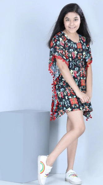 Mayawye Girl's Polyester Moss Printed Kaftan Sleeve Round Neck Dress (Multicolor)