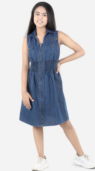 Mayawye Girl's Denim Solid Sleeveless Shirt collar Dress (Blue)