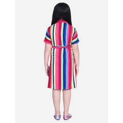 Mayawye Girl's Polyester Crepe Striped Short Sleeve Shirt collar Dress (Multicolor)